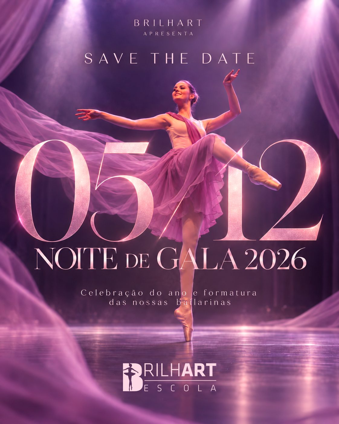 Arte da Noite de Gala 2026: bailarina em salto sobre tecido lilás, com a data 05/12 e a frase "Save the date"
